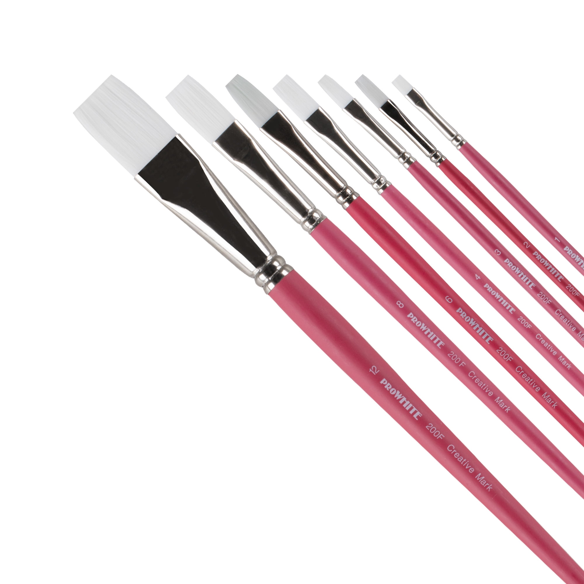 Creative Mark Pro White Soft Filament Acrylic Paint Brushes - Assorted Flat Set of 7 - Seamless Ferrule - Short Wood Handle Brushes for Acrylic Painting Acrylic Gouache, Oils & Casein