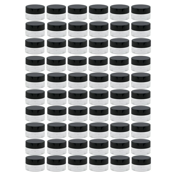Creative Mark Sample Containers - .24 oz Size, 60-Pack Clear Plastic Sample Jars, Cosmetic Containers with Lids, Wide-Mouth Opening, Easy to Label, Black Lid - Prevent Waste