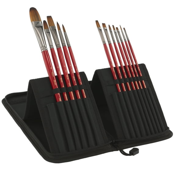 Creative Mark Staccato Artist Paintbrush Set of 12, Synthetic Bristle, Long Handled for Acrylic Painting, Includes Brush Easel Stand