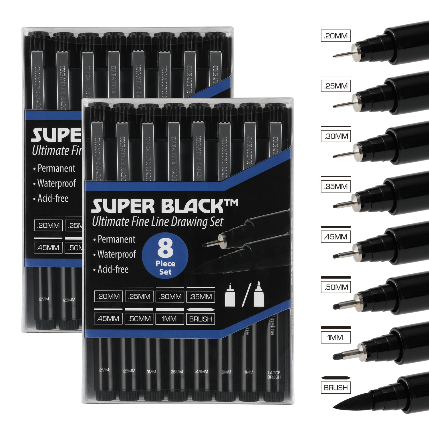 Creative Mark Ultimate Fine Line Drawing Pens Super Black, Permanent,  Waterproof, & Acid-Free Assorted Tips and Large Brush Pen - [Fineliners and  Sketch Set of 8 - 2 Pack] 