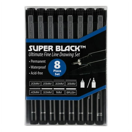 Creative Mark Ultimate Fine Line Drawing Pens Super Black, Permanent, Waterproof, & Acid-Free Assorted Tips and Large Brush Pen - [Fineliners and Sketch Set of 8]