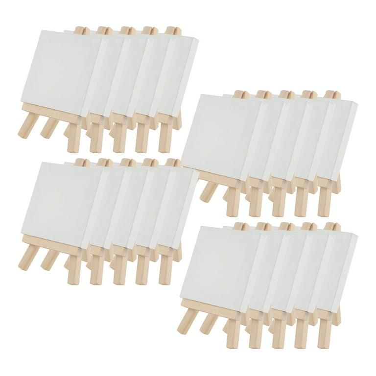 FIXSMITH 3x3 Inch Mini Stretched Canvas Easel Set Bulk Pack of 12,  Stretched White Blank Canvas Panels & Wood Easels 