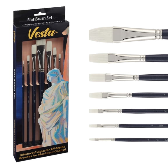Creative Mark Vesta Synthetic Brush Sets - Advanced All-Media Brushes for Maximum Control, Students, Artists, Painting, Classrooms & More! - [Flat - Set of 7]