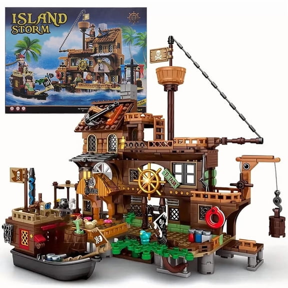 Creative Medieval Pirate Island Fortress Castle Building Blocks Adventure Ship Log Cabin Model Boat Assemble Bricks Toy Boy Gift