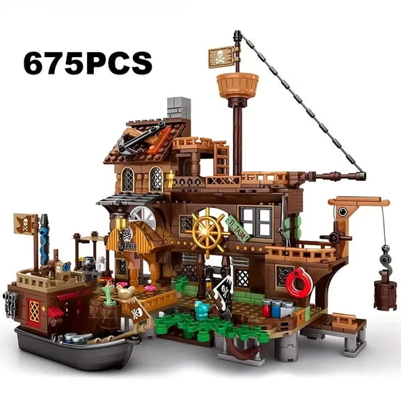 Creative Medieval Pirate Island Fortress Castle Building Blocks Adventure Ship Log Cabin Model Boat Assemble Bricks Toy Kid Gift
