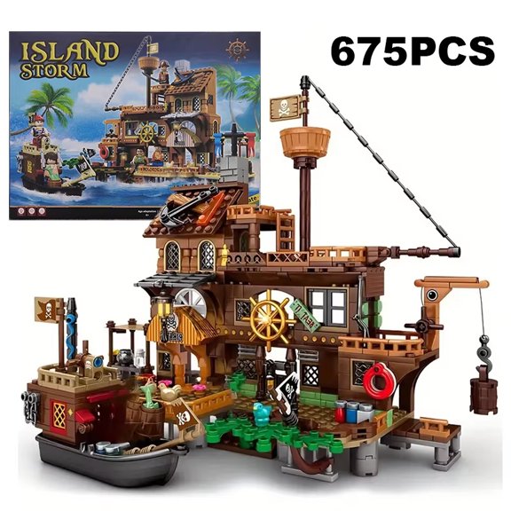 Creative Medieval Pirate Island Fortress Castle Building Blocks Adventure Ship Log Cabin Model Boat Assemble Bricks Toy Kid Gift