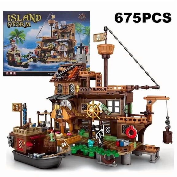 Creative Medieval Pirate Island Fortress Castle Building Blocks Adventure Ship Log Cabin Model Boat Assemble Bricks Toys Gifts