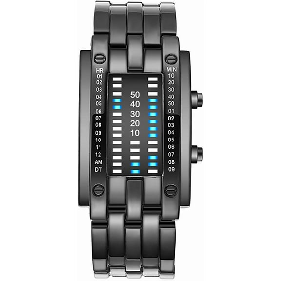 Creative Mens Binary Matrix Blue LED Digital Watch Fashion Classic Black Plated Waterproof LED Backlight Bracelet Watches