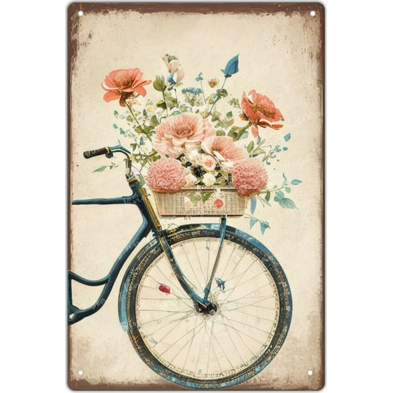 Creative Metal Tin Sign Bike with Flower Funny Tin Sign Spring & Summer Wall Decor Rustic Farmhouse Decor for Home Cafes Office Store Pubs Club Sign Gift Plaque Metal Tin 5.5x8 Inch