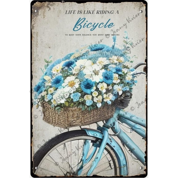 Creative Metal Tin Sign - Life is Like Riding A Bicycle, Bike with Flower Funny Tin Sign, Summer Wall Decor, Inspirational Quote Sign, Home Cafes Office Store Pubs Club Sign Gift 12x8 Inches