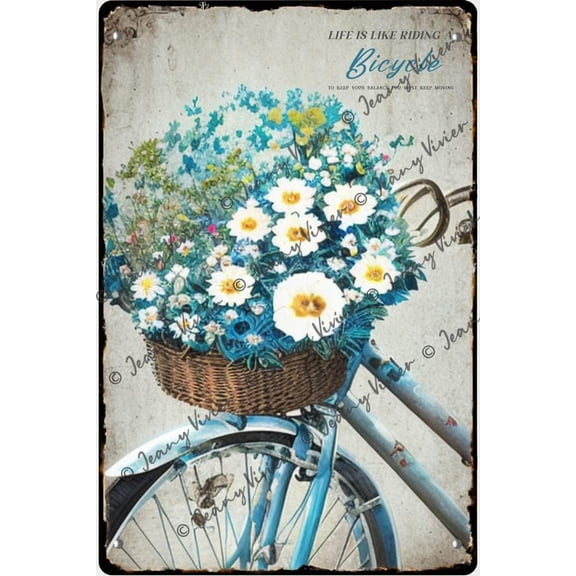 Creative Metal Tin Sign - Life is Like Riding a Bicycle Inspirational Quote Wall Decor, Bike with Flower Rustic Tin Sign, Summer Wall Decor, Farmhouse Decor Sign Gift 12x8 Inches