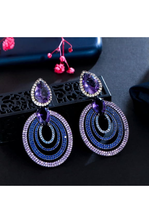 Creative Multi Layer Big Round Blue Purple CZ Long Drop Dangle Earring for Women