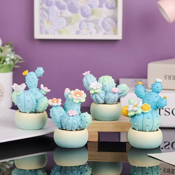 Creative New Pack of 4 Different Style Mini Small Size Resin Cactus Car,Office,Desk,Ornament Decoration