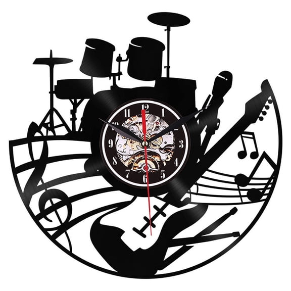 Creative Non-Ticking Silent Vintage Rubber Wall Clock, Rock Music Instrument Theme, No Lights Included, Unique Home Decor for Living Room, Bedroom, Kitchen, and Office,Black