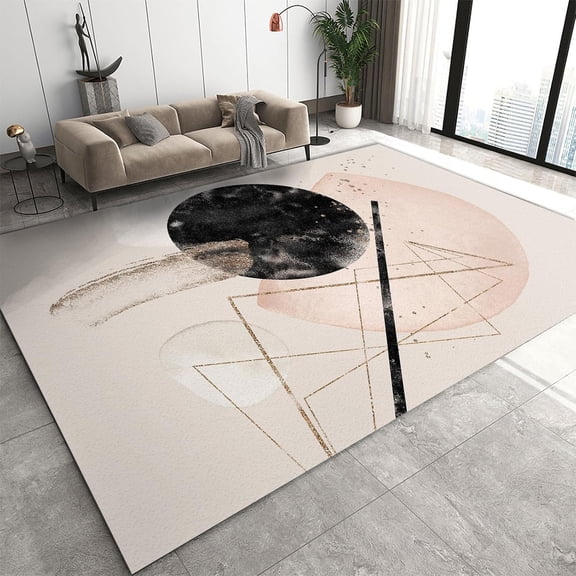 Creative Nordic Rugs for Living Room, Abstract Black Gold Geometric Art Lines Pattern Low Pile Area Rug, Non-Slip Washable Rug for Bedroom Office Playroom Decor Mats 2' x 3'
