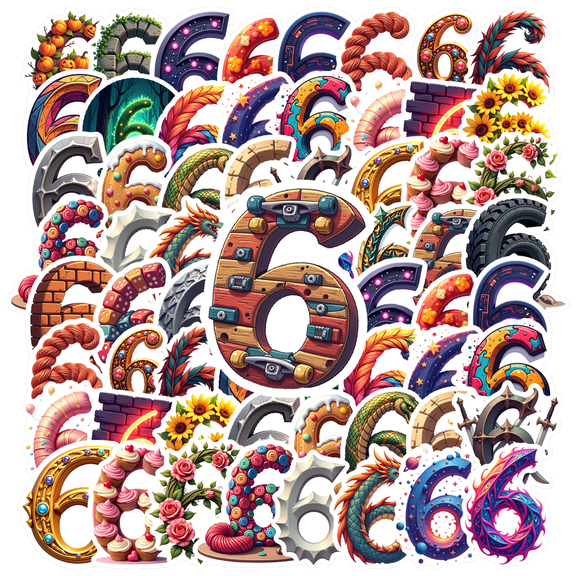 Creative Number 6 Theme Stickers, Waterproof Number 6 Theme Sticker for Water Bottle Laptop Phone Cases Planner Skateboard Luggage Helmet Party Favor Decor, Ideal for Adults Teens Teacher Rewards