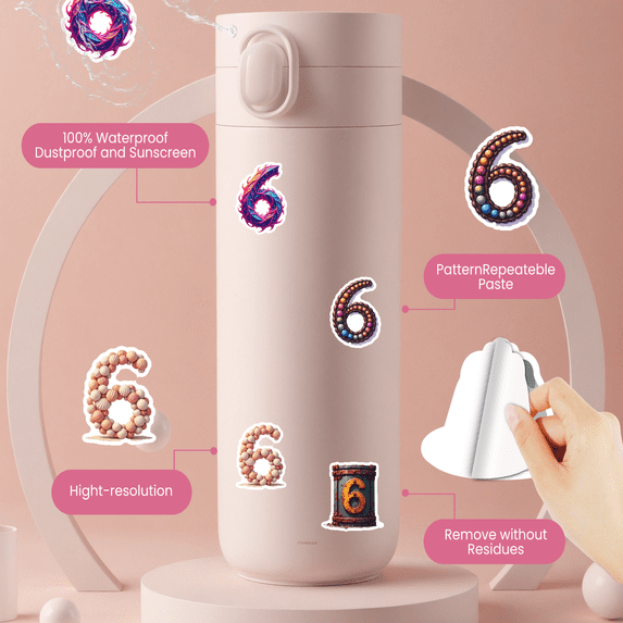 Creative Number 6 Theme Stickers, Waterproof Number 6 Theme Sticker for Water Bottle Laptop Phone Cases Planner Skateboard Luggage Helmet Party Favor Decor, Ideal for Adults Teens Teacher Rewards