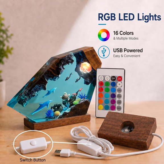 Creative Ocean Resin Lamp with USB Charging, Epoxy Table Lamp with Sea Life and Diver, Handmade Art Resin lamp for Home Desk Decor and Birthday Gift (Style 7)