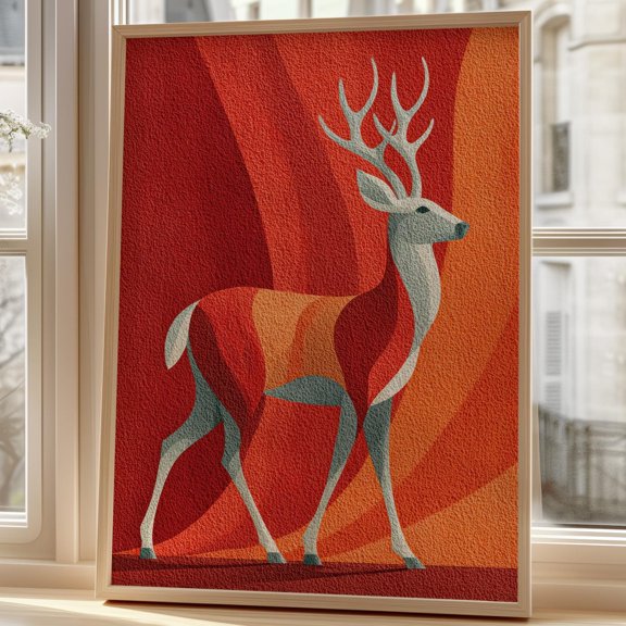 Creative Office Wall Art Illustration Deer Design Artwork Red Orange Color Scheme Decor Co