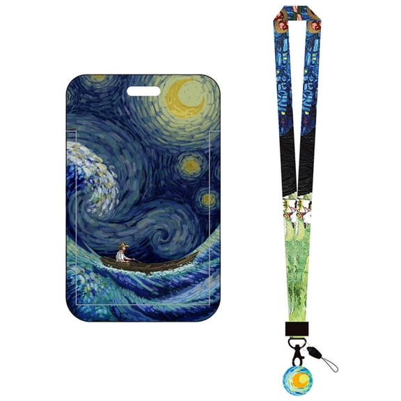 Creative Oil Painting Card Holder With Long Rope Lanyard For Campus Meal Card, Bus, Subway, Access Control, Factory Tag, Keychain ID Card Holder