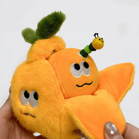 Creative Orange Fruit Plush with Green Worm, Peeling Mandarin Citrus Stuffed Toy with Funny Expressions, Unique Fruit Decoration for Kitchen and Living Room