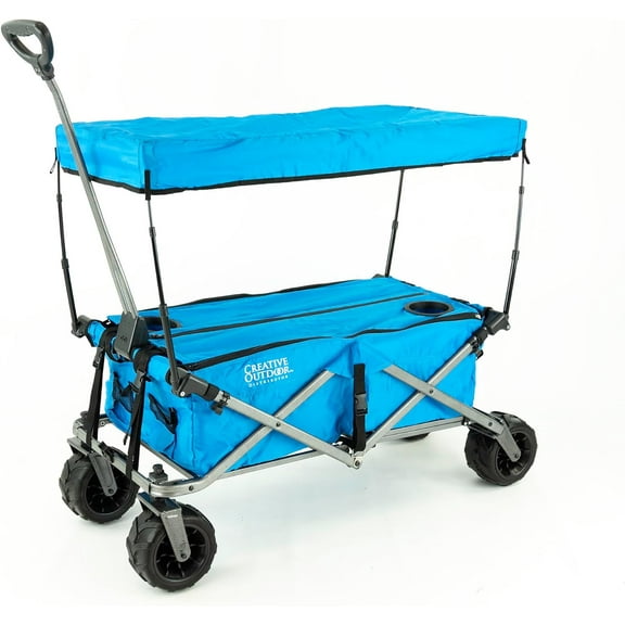 Creative Outdoor Foldable Wagon with Canopy and All Terrain Wheels, 150lbs Weight Capacity, Blue