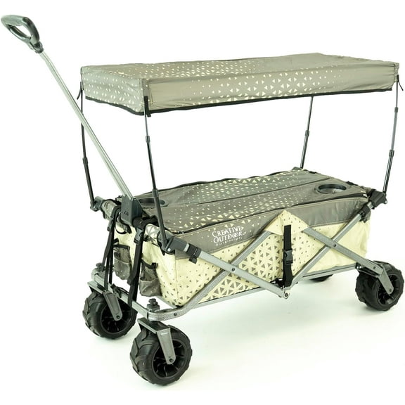 Creative Outdoor Foldable Wagon with Canopy and All Terrain Wheels, 150lbs Weight Capacity, Earth Diamond