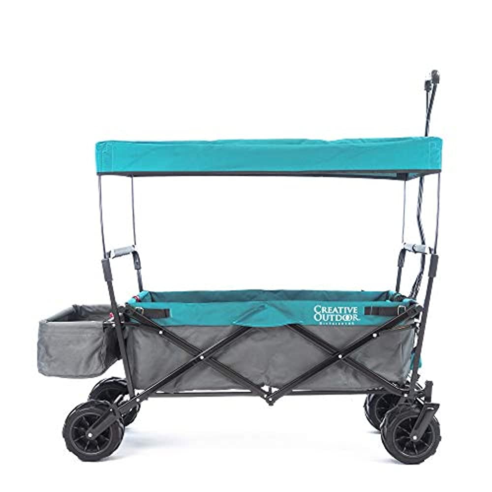 Creative Outdoor Collapsible Folding Wagon Cart for Cargo All Terrain Beach Park Garden Sports Camping Teal Gray with Canopy