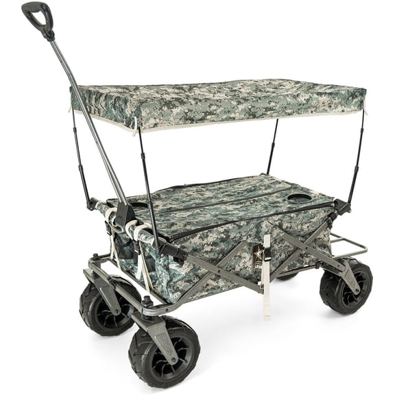 Creative Outdoor Folding Wagon with Canopy and 10 Big Wheels for Sand, 150lbs Capacity, Camo