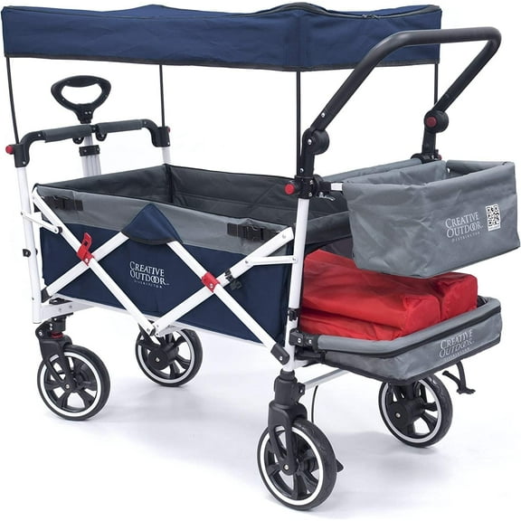 Creative Outdoor Push Pull Wagon Stroller with Canopy Folding Wagon for Kids, Black/Gray