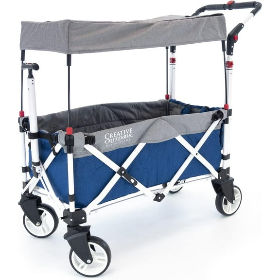 Creative Outdoor Stroller Wagon with Canopy for Kids, Push Pull Folding Wagon, Supports Up to 150lbs, Blue