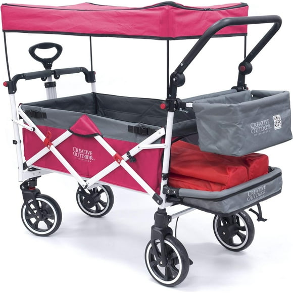 Creative Outdoor Titanium Series Push Pull Wagon Stroller with Canopy Folding Wagon for Kids, Pink/Gray