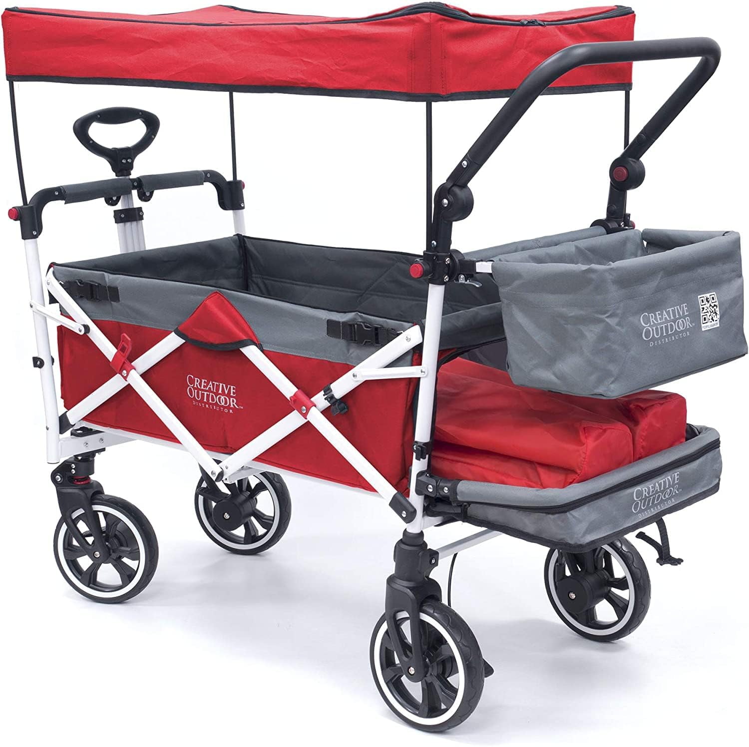 Creative Outdoor Titanium Series Push Pull Wagon Stroller with Canopy Folding Wagon for Kids, Red/Gray