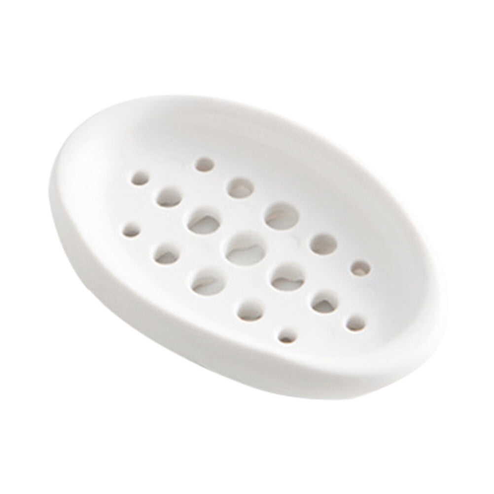 Creative Oval Shape Soap Dish Tray Drain Silicone Soap Box for Shower Bathroom Kitchen (White)