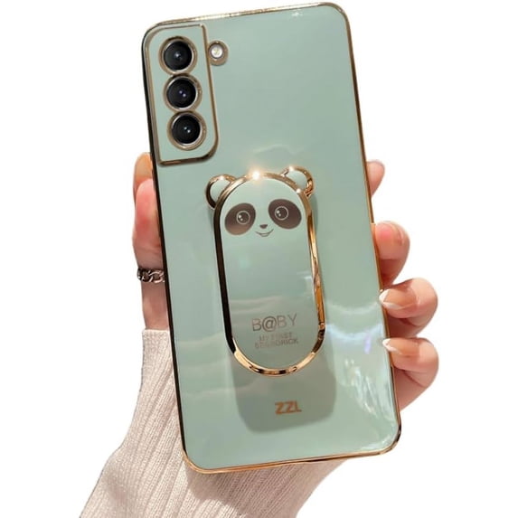 Creative Panda Folding Bracket Phone Case with Invisible Bracket, Cute Cartoon, Full Coverage Anti-Fall, for Samsung Galaxy S23 S22 S21 S20 Phone Case (Green,S21 FE)