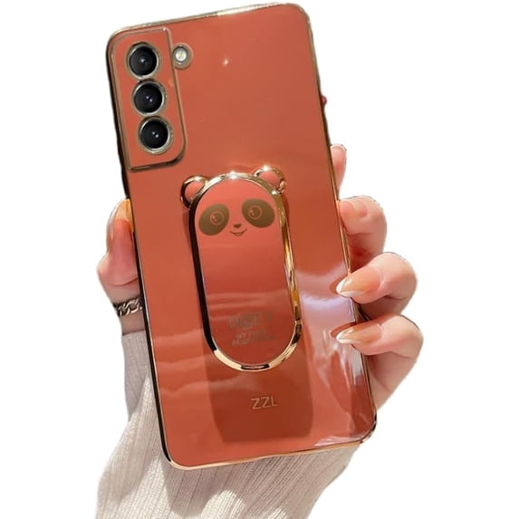 Creative Panda Folding Bracket Phone Case with Invisible Bracket, Cute Cartoon, Full Coverage Anti-Fall, for Samsung Galaxy S23 S22 S21 S20 Phone Case (Red,S21 FE)