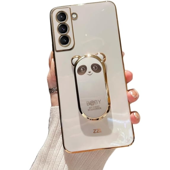 Creative Panda Folding Bracket Phone Case with Invisible Bracket, Cute Cartoon, Full Coverage Anti-Fall, for Samsung Galaxy S23 S22 S21 S20 Phone Case (White,S22 Plus)