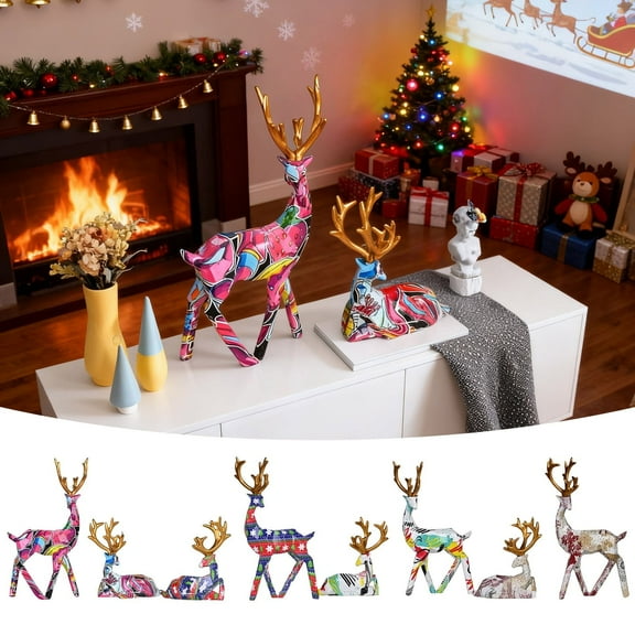 Creative Pattern Christmas Reindeer - Holiday Party Deer Figurine Statues Dinner Tabletop Decorations Centerpiece - 2pc