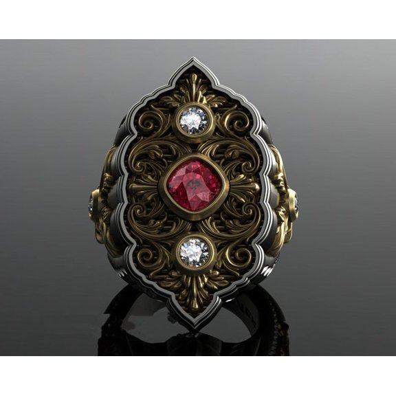 Unisex Vintage Gold Plated Ring Constellation Design with Retro Diamond and Red Zircon Inlay Electroplated Finish Statement Fashion Ring