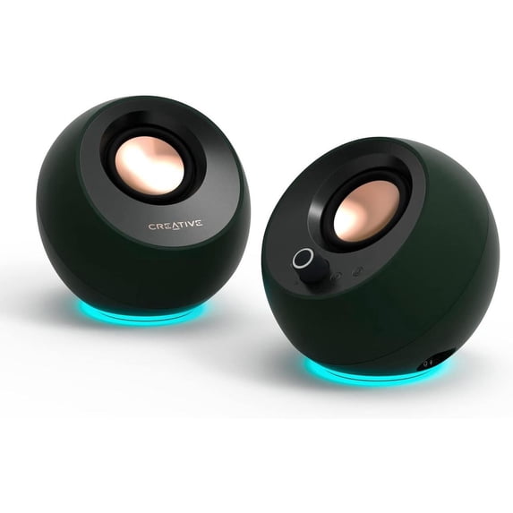 Creative Pebble Pro Minimalist 2.0 USB-C Computer Speakers with Bluetooth 5.3 and Customizable RGB Lighting, Clear Dialog and BassFlex Tech, USB Audio, Headset Port, for PC and Mac (Green)