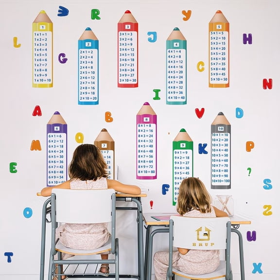 Creative Pencil Multiplication Table & Alphabet Wall Stickers for Kids Learning Spaces - Colorful Educational Decals for Classroom, Homeschool, and Bedroom Decor