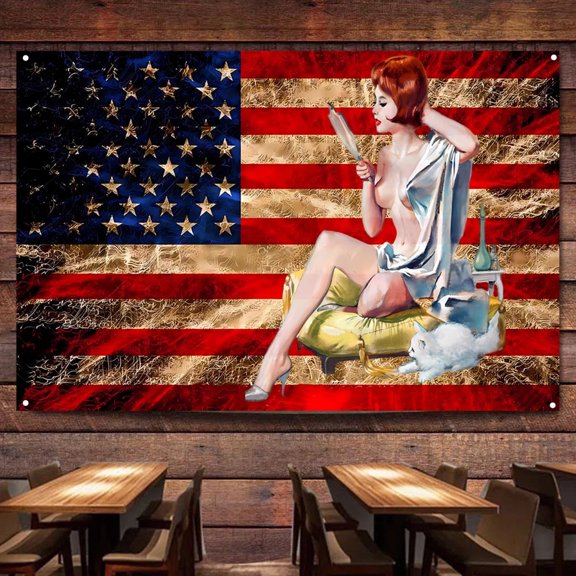 Creative Pin Up Girl Artwork Poster Tapestry 38" x 57" Retro American Flag Hanging Banner