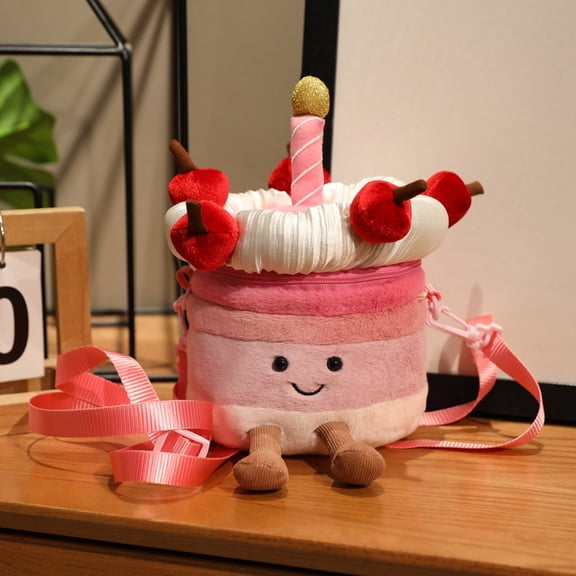Creative Pink Cherry Cake Backpack Cream Fruit Cake Plush Bag Toy Simulation Kids Baby Birthday Cake Doll Gifts Home Decoration