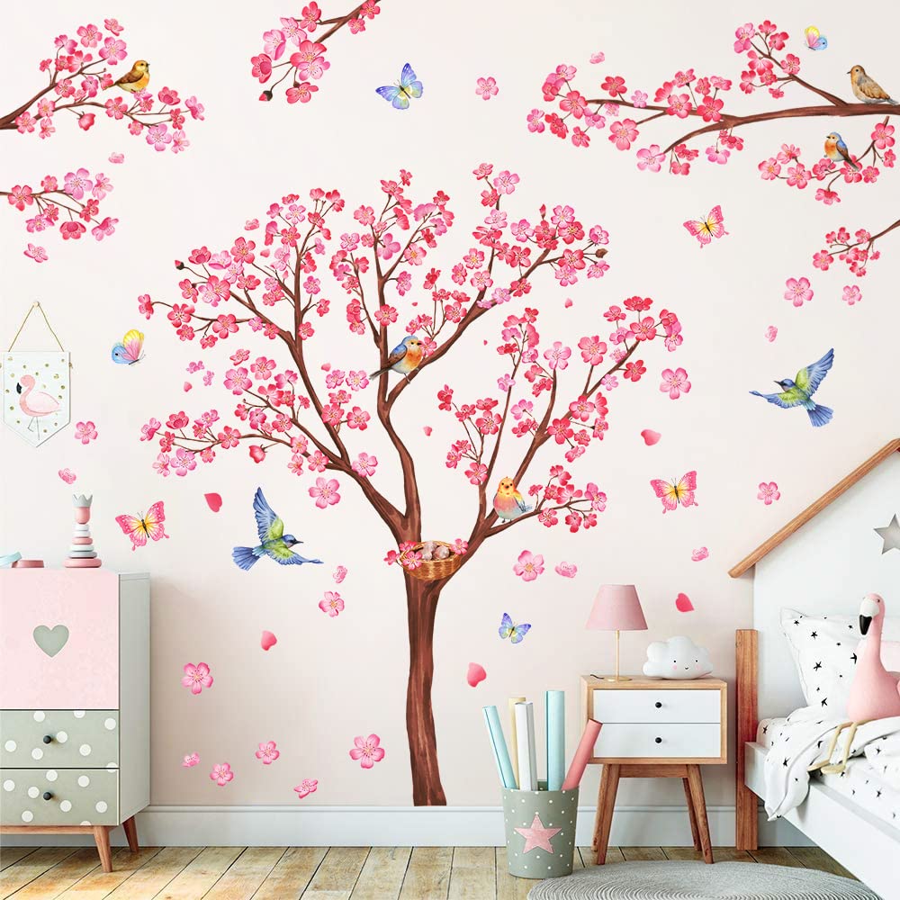 Creative Pink Flowers Wall Decals Peach Blossom Tree Branches Wall