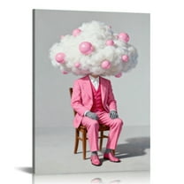 Creative Pink Suit Cloud Head Bubble Art Printed Canvas Wall Art (Hidden Wooden Frame) - Light Luxury Personality Decor for Living Room & Foyer