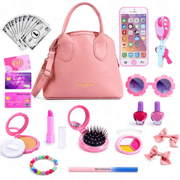 Rirool Princess Toy Purse Set for Girls Ages 3-8, 31 Piece Pretend Play Accessories with Makeup, Smartphone, Wallet, Keys & Sunglasses, Role Play Gift