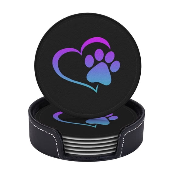 Creative Printing Love Foot Coasters With Leather Holder Set Of 6 Round Coasters for Home and Kitchen Decor