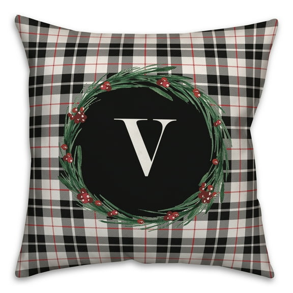 Creative Products Black Plaid Monogram Wreath - V 18x18 Spun Poly Pillow