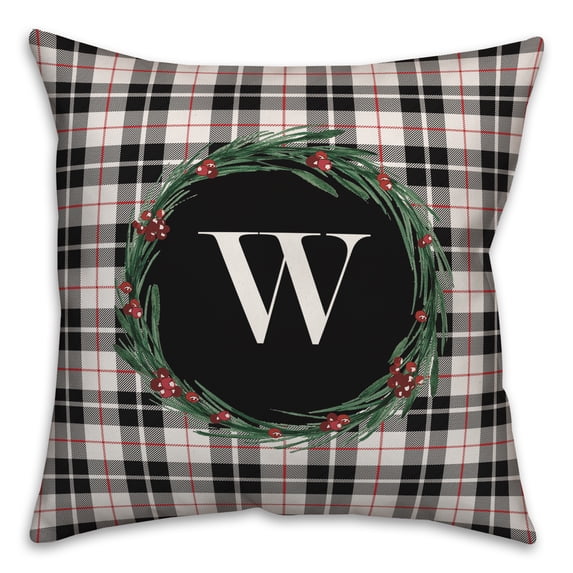Creative Products Black Plaid Monogram Wreath - W 18x18 Spun Poly Pillow
