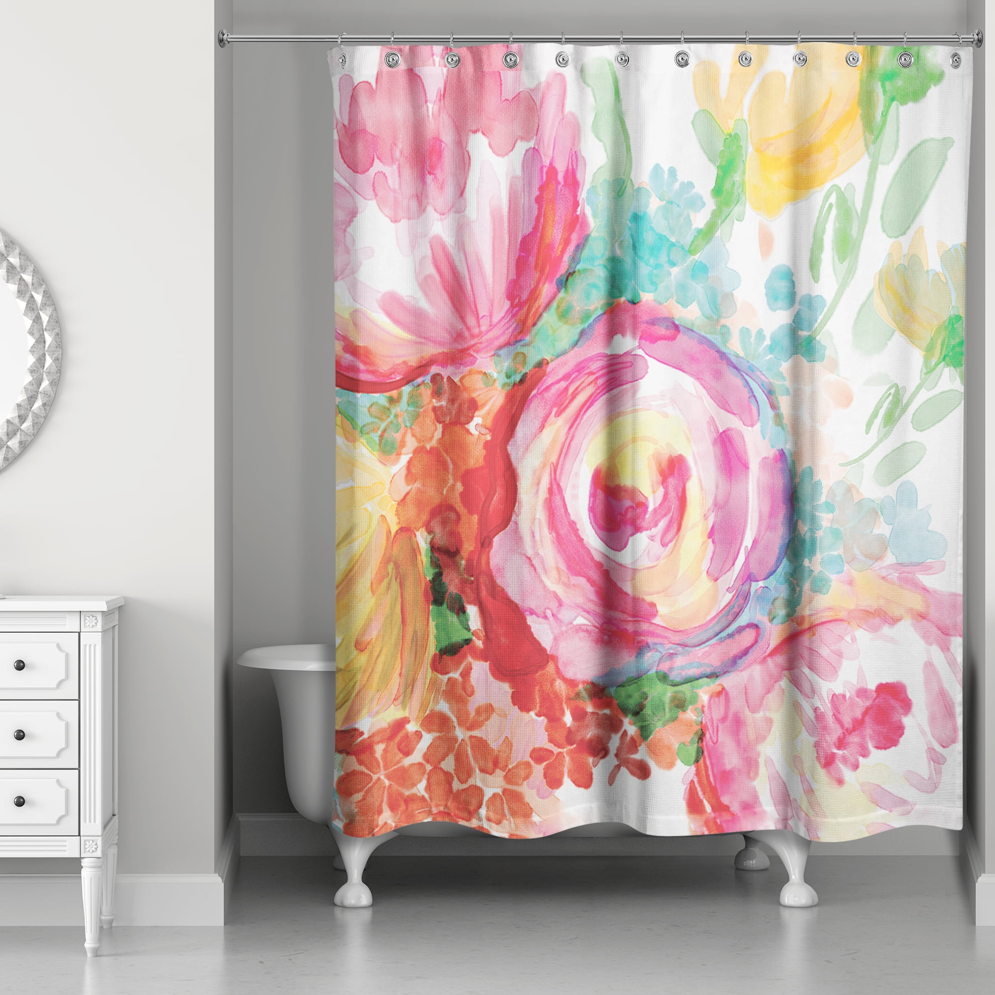 Bright Watercolor Floral Polyester Shower Curtain